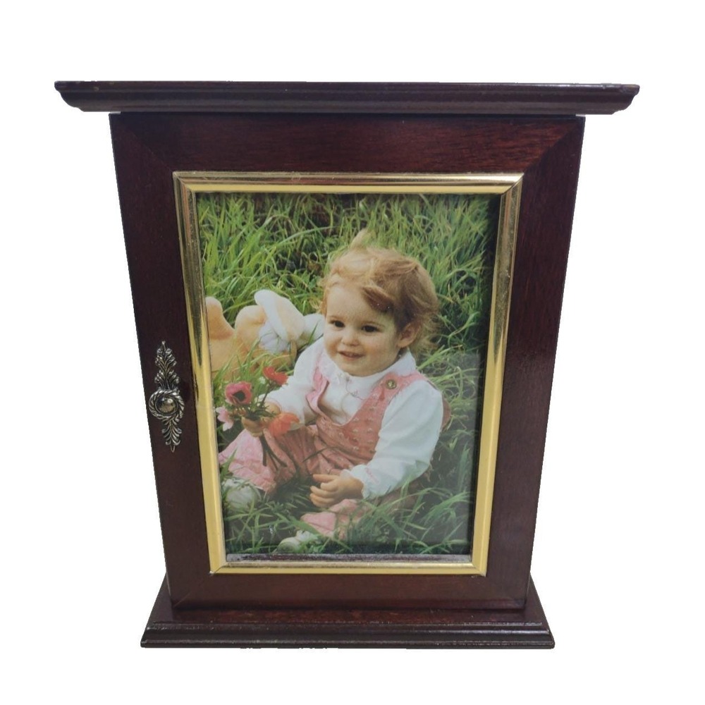 Vtg Wooden Jewelry Box Photo Insert Glass Doors Necklace Carousel Brass Trim